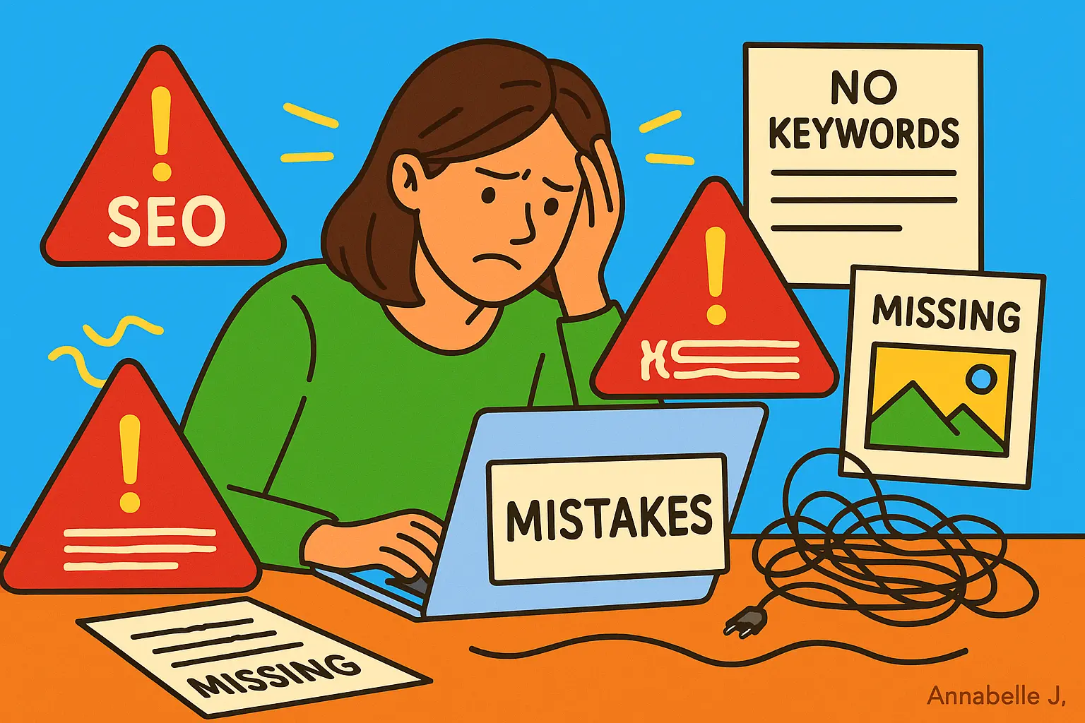 A frustrated blogger sitting at their desk with a laptop, surrounded by error signs, missed SEO opportunities, and tangled wires, representing common blogging mistakes – by Annabelle J.