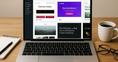 Laptop displaying WordPress dashboard with multiple blog themes on screen