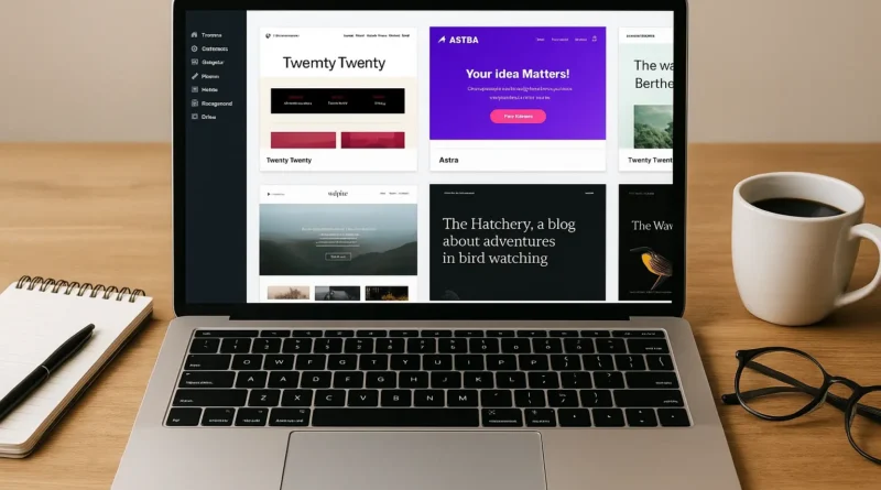 Laptop displaying WordPress dashboard with multiple blog themes on screen