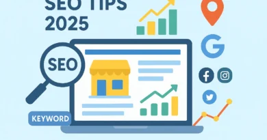 Illustration of a small business website optimized for SEO in 2025, showing growth charts, search engine icons, and digital marketing elements for better online visibility.