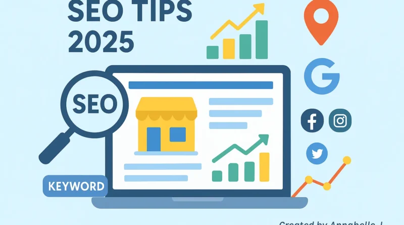 Illustration of a small business website optimized for SEO in 2025, showing growth charts, search engine icons, and digital marketing elements for better online visibility.