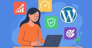 Illustration of a blogger using multiple WordPress plugins to improve website SEO, speed, and design in 2025