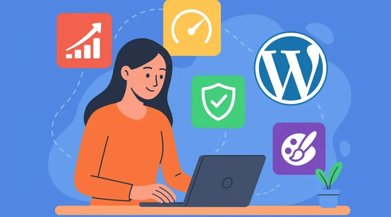 Illustration of a blogger using multiple WordPress plugins to improve website SEO, speed, and design in 2025