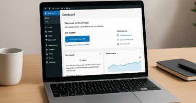 Realistic workspace with a laptop showing a fast-loading WordPress dashboard optimized for 2025.