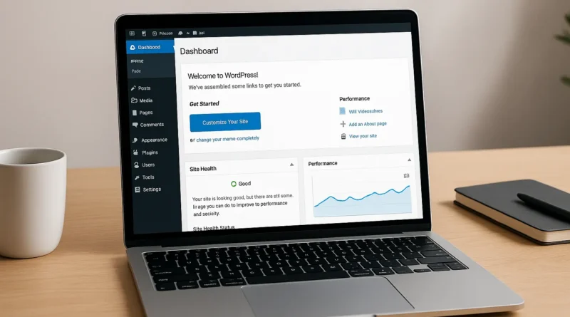 Realistic workspace with a laptop showing a fast-loading WordPress dashboard optimized for 2025.
