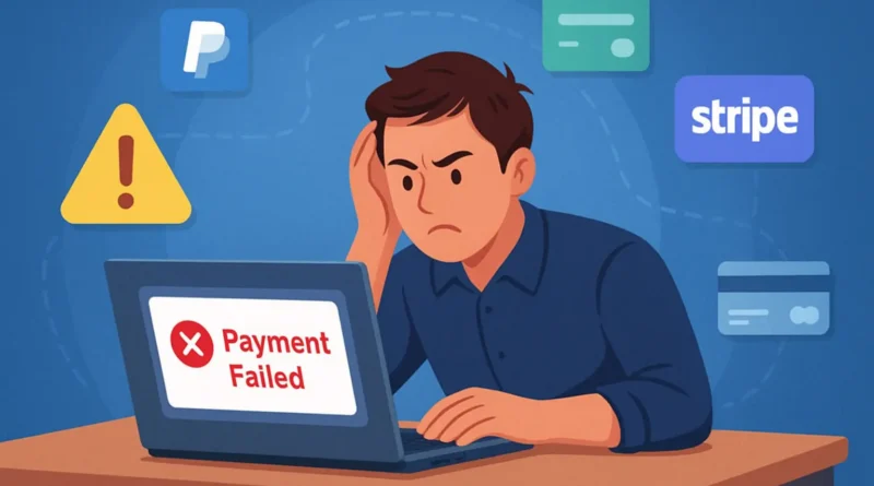 “A WooCommerce store owner troubleshooting payment gateway errors on a laptop with digital payment icons in the background