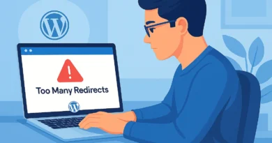 Illustration showing a person fixing a WordPress website redirect loop error on a laptop, with browser error message “Too Many Redirects” displayed.
