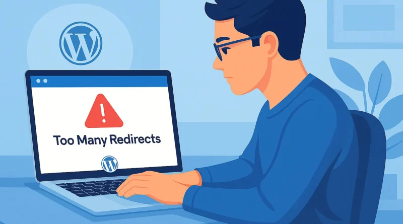 Illustration showing a person fixing a WordPress website redirect loop error on a laptop, with browser error message “Too Many Redirects” displayed.