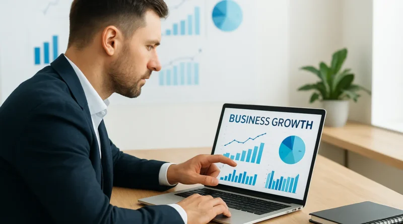 Entrepreneur reviewing digital analytics dashboard for online business growth in 2026