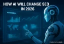 Futuristic AI robot analyzing SEO data dashboard in 2026