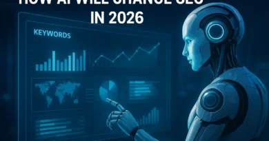 Futuristic AI robot analyzing SEO data dashboard in 2026