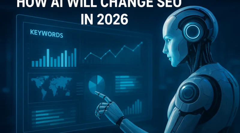 Futuristic AI robot analyzing SEO data dashboard in 2026