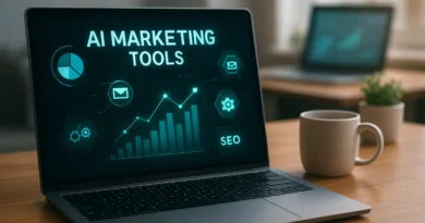 A modern laptop showing an AI marketing dashboard with data charts and SEO icons, beside a coffee mug on a wooden desk in natural light.
