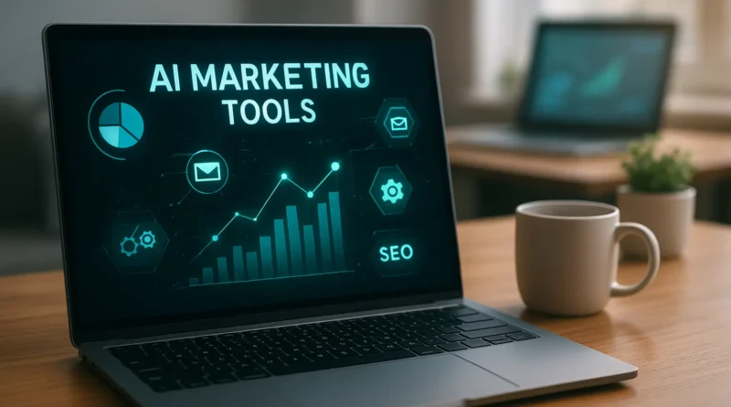 A modern laptop showing an AI marketing dashboard with data charts and SEO icons, beside a coffee mug on a wooden desk in natural light.