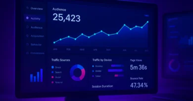 HD realistic website analytics dashboard with colorful charts, graphs, and metrics on a computer screen, created by Annabelle J.