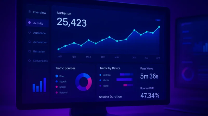 HD realistic website analytics dashboard with colorful charts, graphs, and metrics on a computer screen, created by Annabelle J.