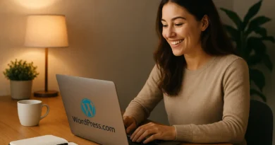 Blogger creating a WordPress.com site in 2025 on a laptop, smiling at a cozy desk — Created by Annabelle J.