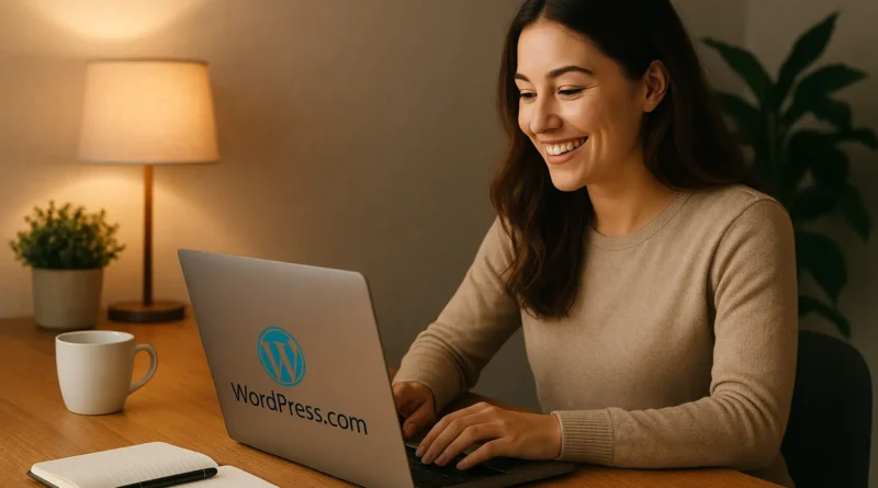 Blogger creating a WordPress.com site in 2025 on a laptop, smiling at a cozy desk — Created by Annabelle J.