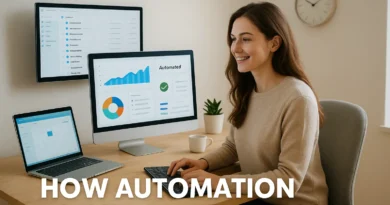 Blogger working efficiently using automation tools on multiple screens, 2025 digital workspace.