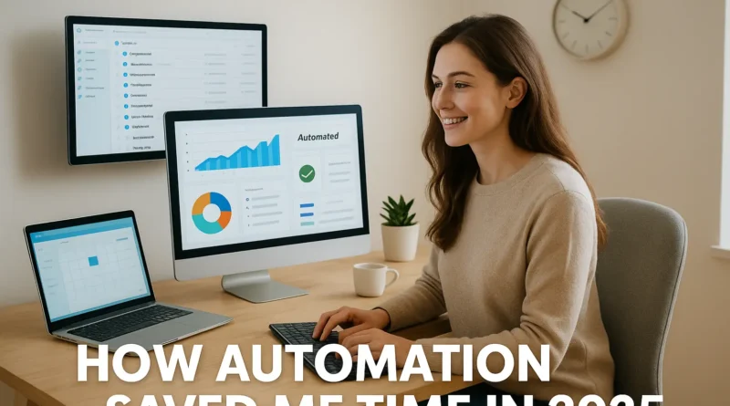 Blogger working efficiently using automation tools on multiple screens, 2025 digital workspace.